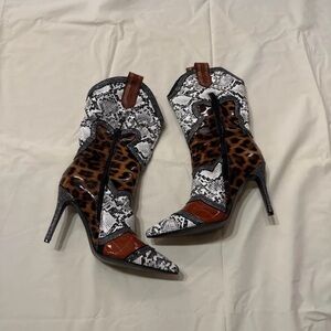 Leopard & Snake Print Pointed Stiletto Ankle Boots - Brown/White